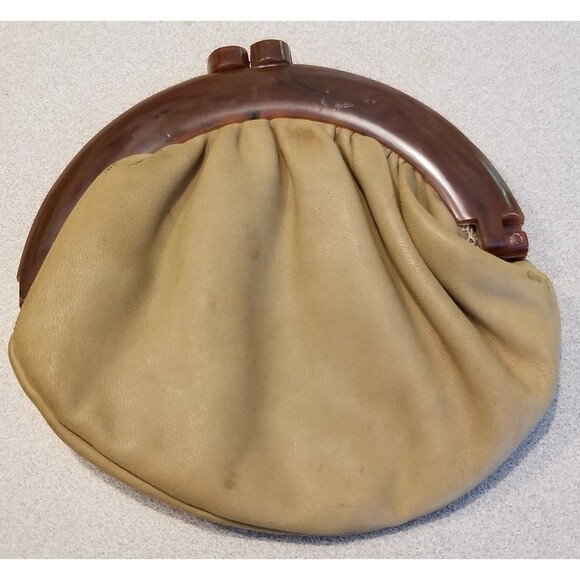 Vintage Budd leather satin lined coin purse kiss lock bakelite handle closure - Picture 1 of 9